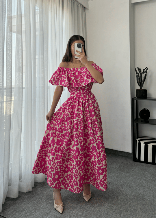 Sleed Madonna Yaka Pembe Midi Kuşaklı Elbise 