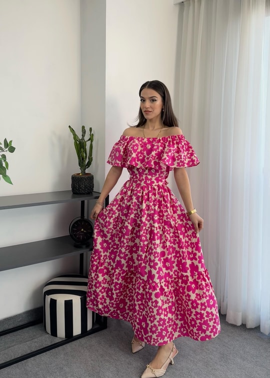 Sleed Madonna Yaka Pembe Midi Kuşaklı Elbise 