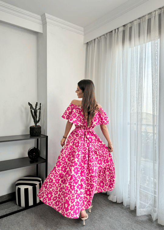 Sleed Madonna Yaka Pembe Midi Kuşaklı Elbise 