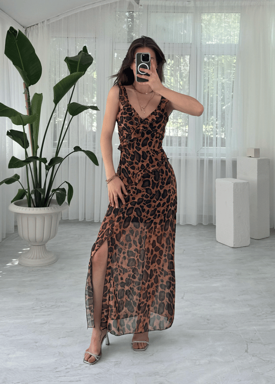Midi Şifon Leopar Elbise 