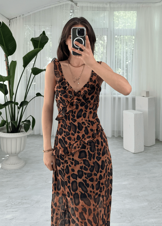 Midi Şifon Leopar Elbise 