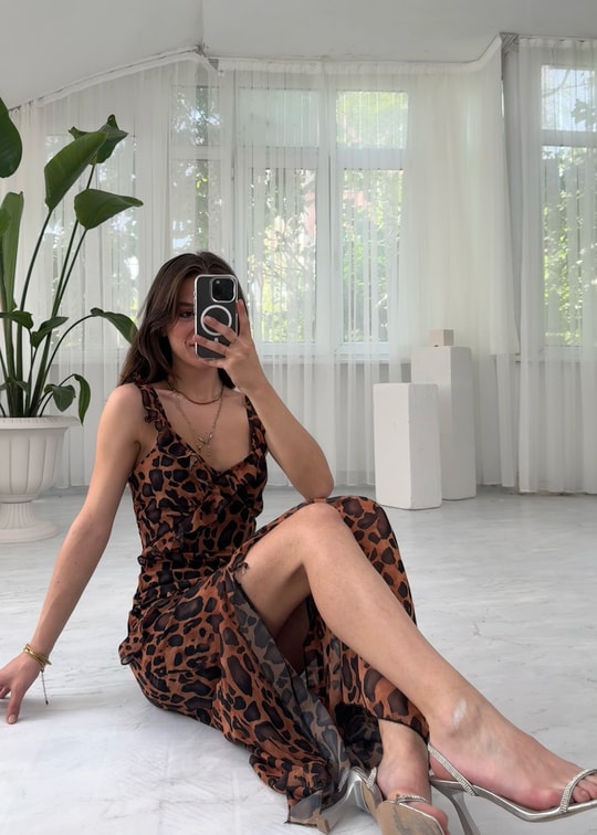 Midi Şifon Leopar Elbise 