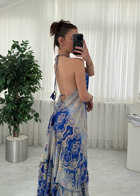 Milori Etnik Desen Sırt Dekolteli Elbise 
