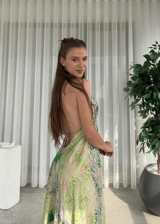 Milori Etnik Desen Sırt Dekolteli Elbise 