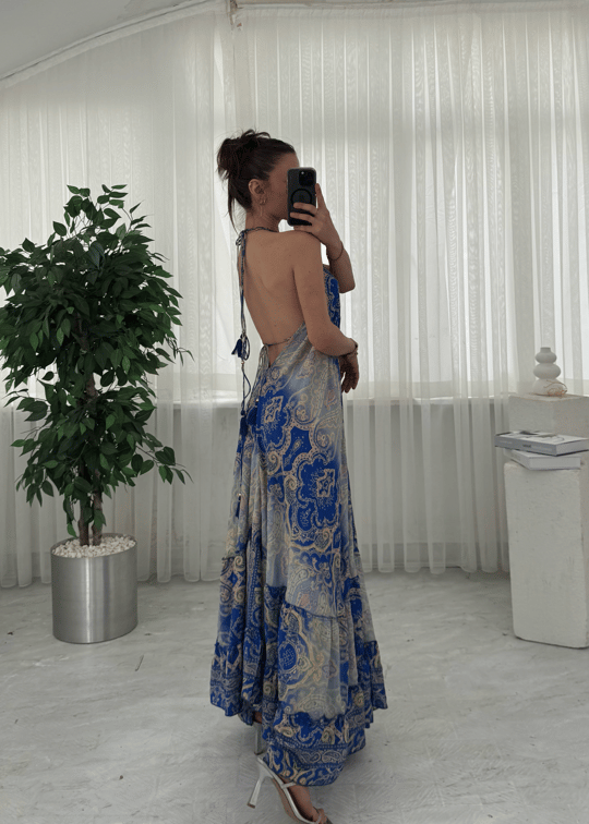 Milori Etnik Desen Sırt Dekolteli Elbise 