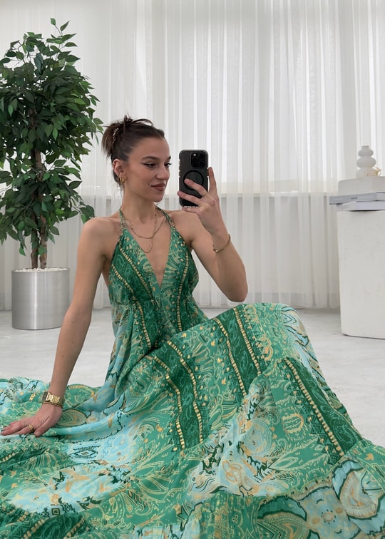 Milori Etnik Desen Sırt Dekolteli Elbise 