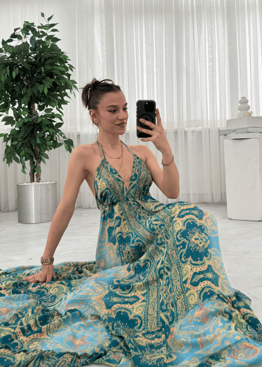 Milori Etnik Desen Sırt Dekolteli Ellbise