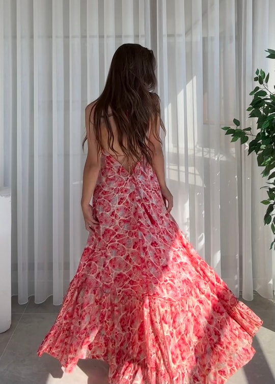Milori Etnik Desen Sırt Dekolteli Pembe Elbise 