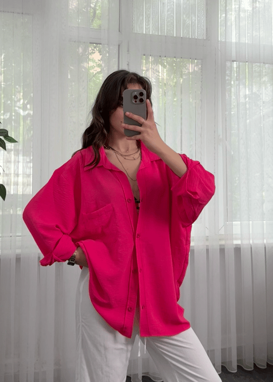 Pembe İthal Ayrobin Tek Cepli Oversize Gömlek 