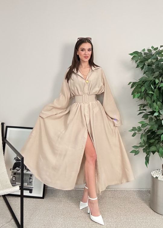 Novee Oversize Bej Kemerli Elbise