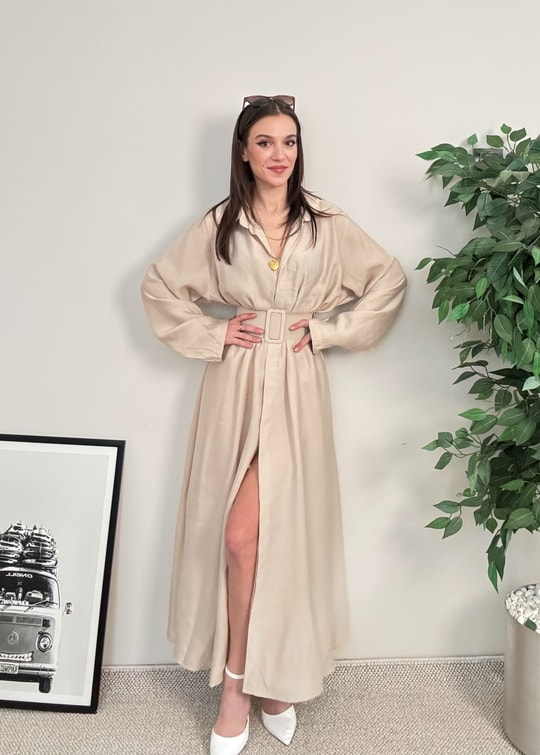 Novee Oversize Bej Kemerli Elbise