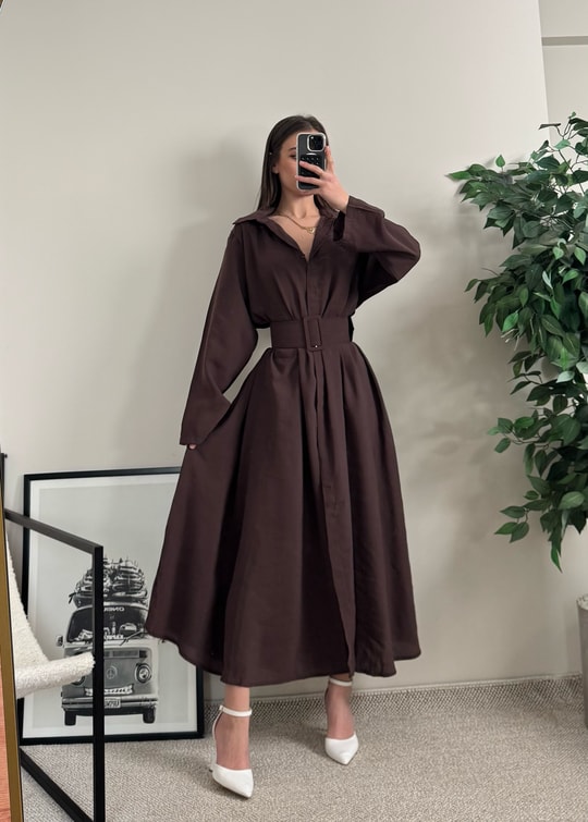 Novee Oversize Kahverengi Kemerli Elbise