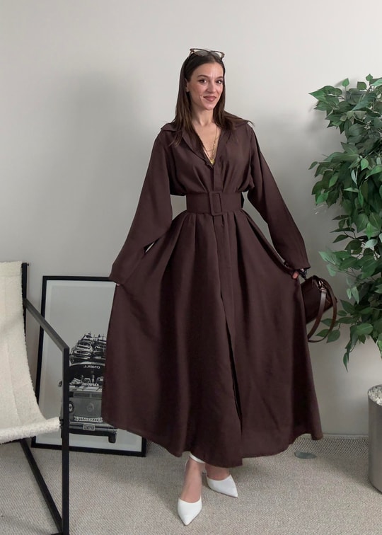 Novee Oversize Kahverengi Kemerli Elbise