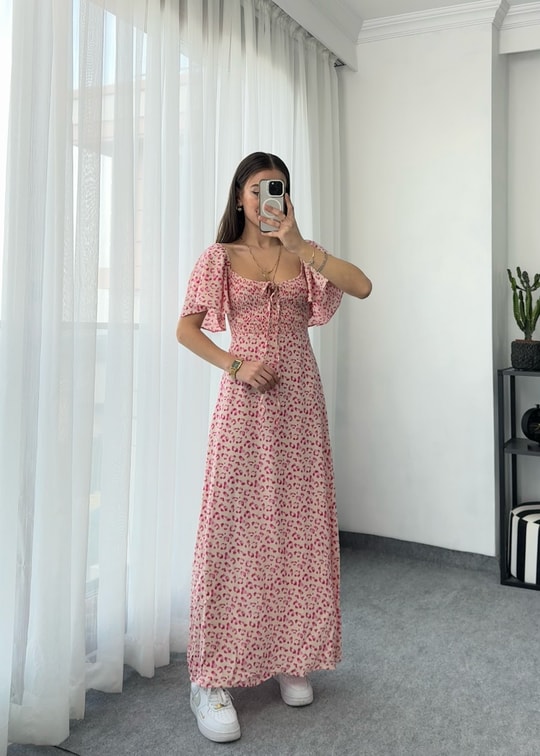 Pembe Desenli Gipeli Bağlama Detaylı Elbise