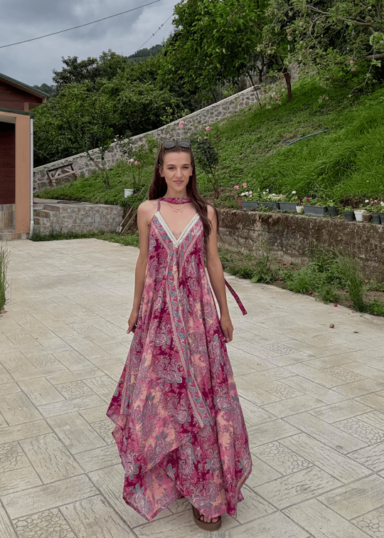 Rajani Etnik Desen Asimetrik Hint İpeği Pembe Elbise