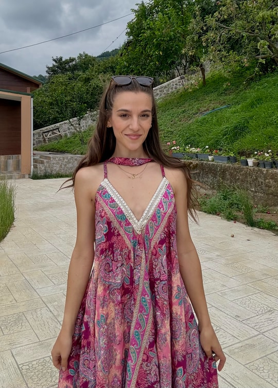 Rajani Etnik Desen Asimetrik Hint İpeği Pembe Elbise