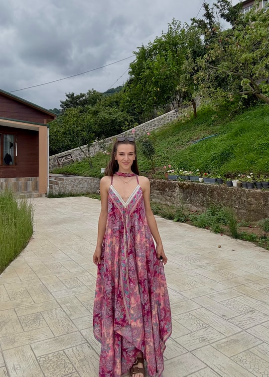 Rajani Etnik Desen Asimetrik Hint İpeği Pembe Elbise