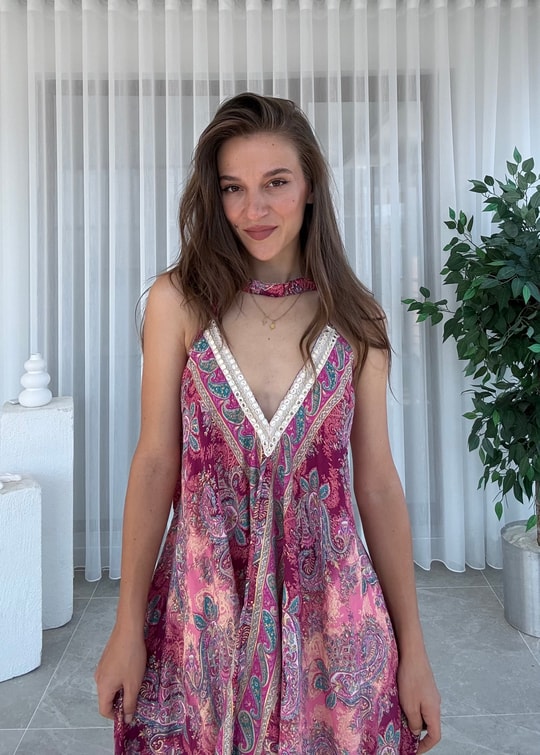 Rajani Etnik Desen Asimetrik Hint İpeği Pembe Elbise