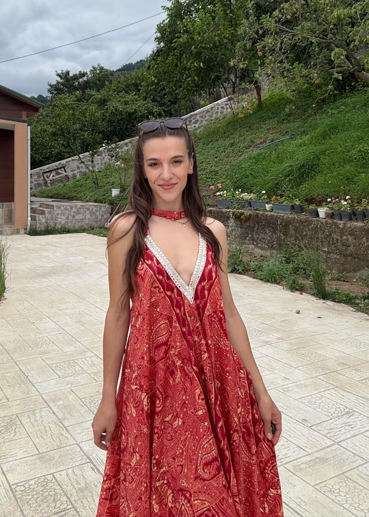 Rajani Etnik Desen Asimetrik Hint İpeğ Nar Çiçeğii Elbise