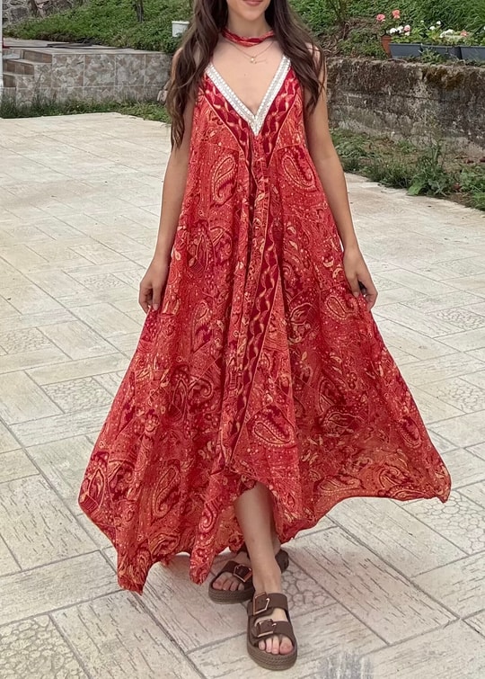 Rajani Etnik Desen Asimetrik Hint İpeğ Nar Çiçeğii Elbise