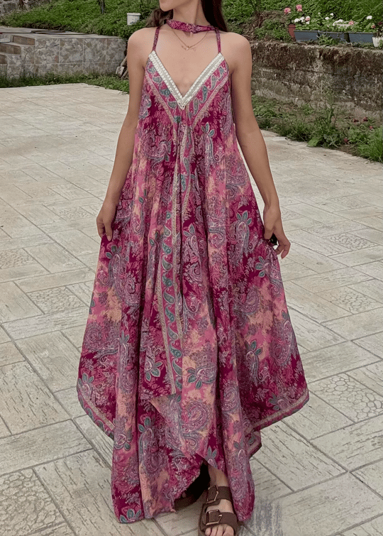 Rajani Etnik Desen Asimetrik Hint İpeği Pembe Elbise