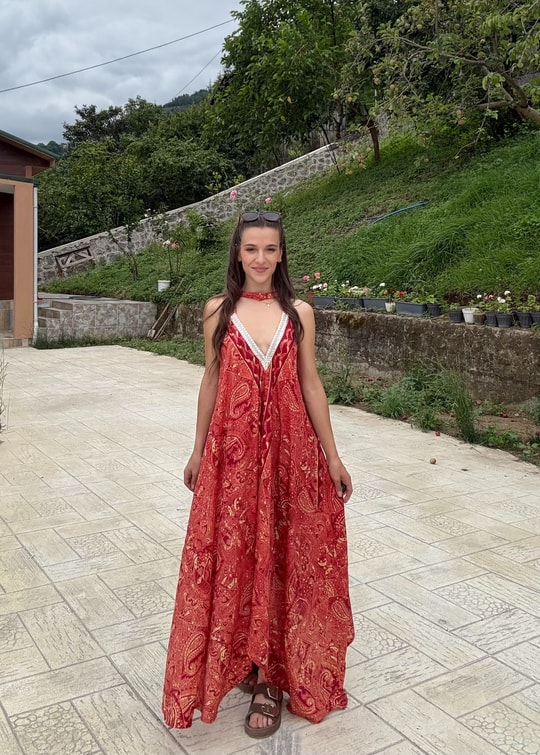 Rajani Etnik Desen Asimetrik Hint İpeğ Nar Çiçeğii Elbise