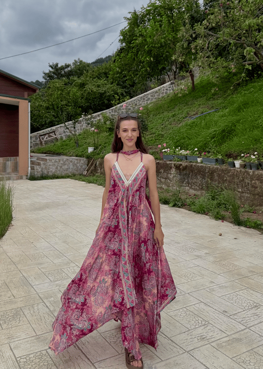Rajani Etnik Desen Asimetrik Hint İpeği Pembe Elbise