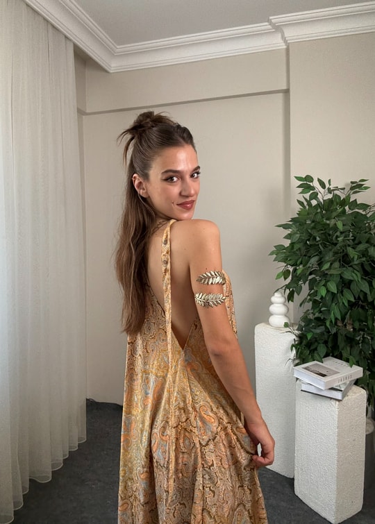Rajani Etnik Desen Asimetrik Hint İpeği Elbise