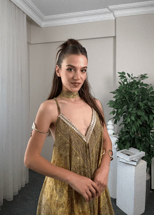 Rajani Etnik Desen Asimetrik Kesim Hint İpeği Elbise