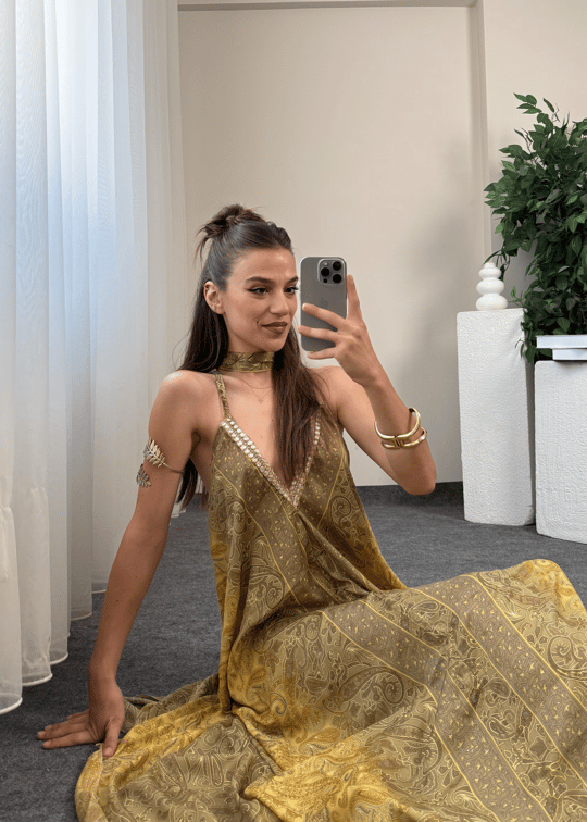 Rajani Etnik Desen Asimetrik Kesim Hint İpeği Elbise
