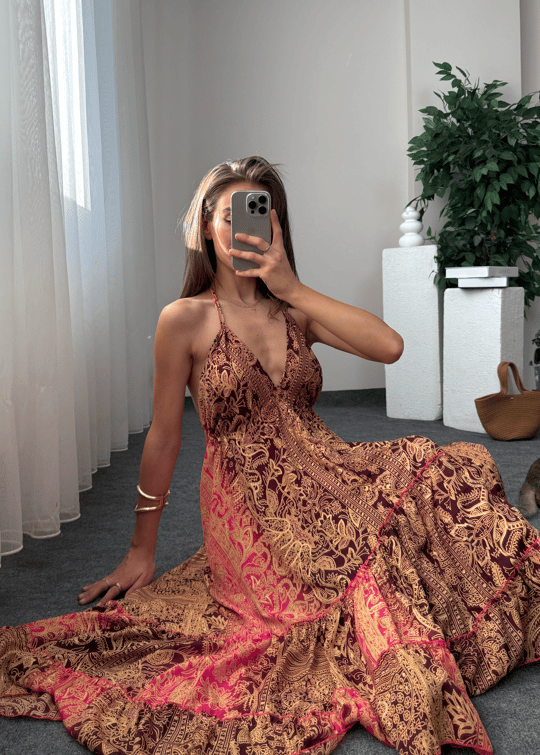Ravena Etnik Desen Sırt Dekolteli Asimetrik Elbise