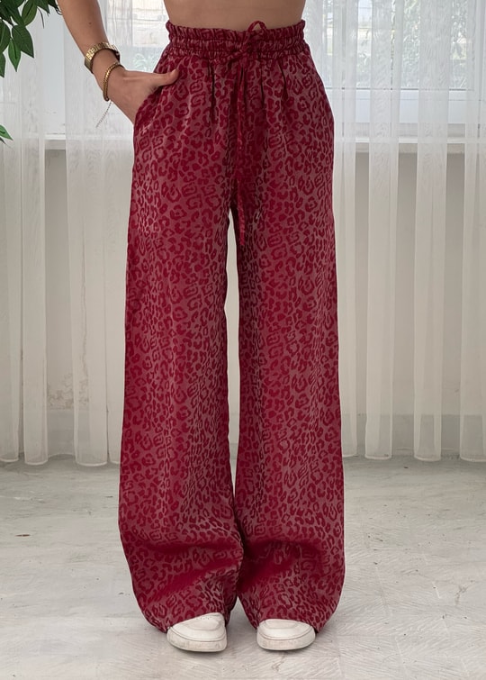 Roxy Kırmızı  Leopar Desen Bol Paça Saten Pantolon 