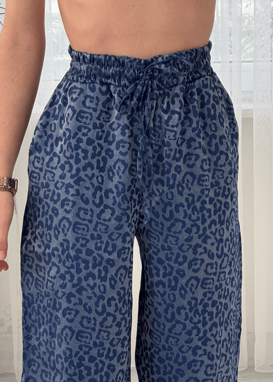 Roxy Lacivert Leopar Desen Bol Paça Saten Pantolon