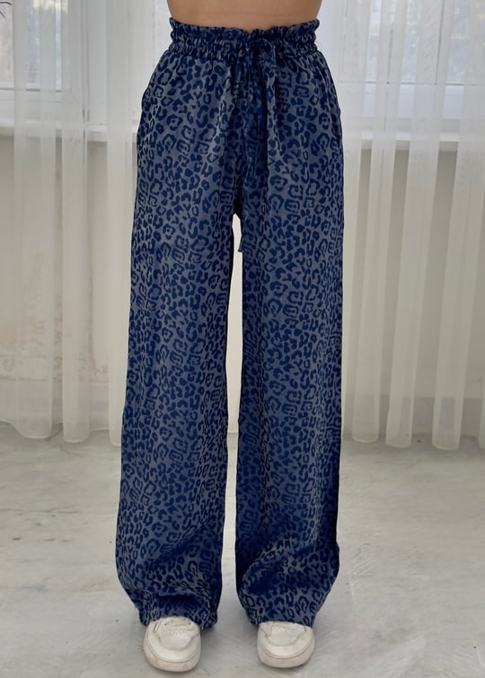 Roxy Lacivert Leopar Desen Bol Paça Saten Pantolon