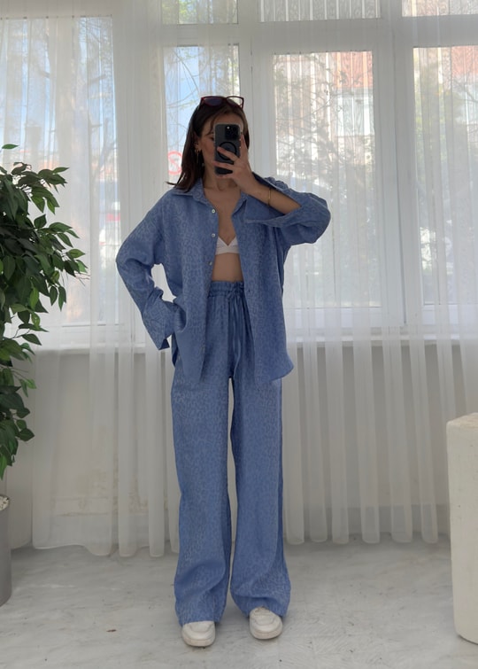 Roxy Mavi Leopar Desen Bol Paça Saten Pantolon