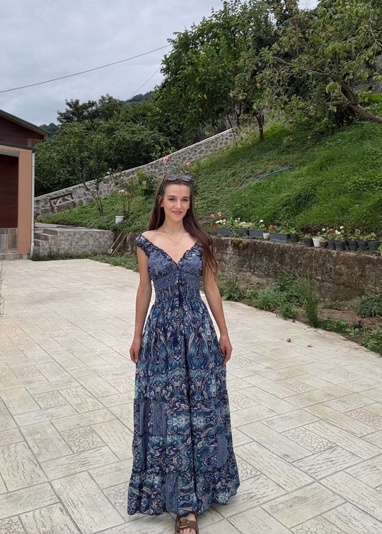 Seranya Gipeli  Etnik Desen İpek Lacivert Elbise 