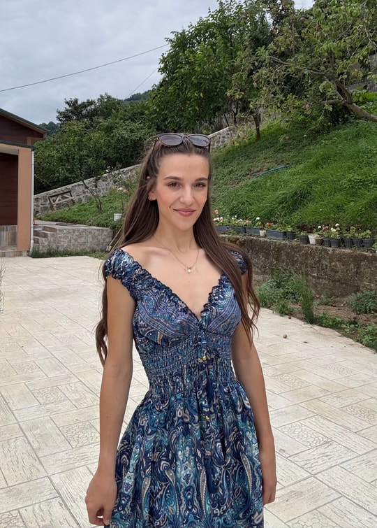Seranya Gipeli  Etnik Desen İpek Lacivert Elbise 