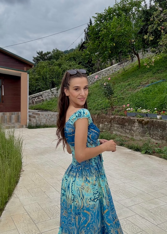 Seranya Gipeli Mavi  Etnik Desen İpek Elbise 