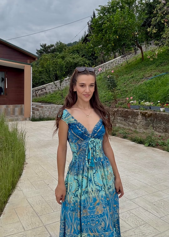 Seranya Gipeli Mavi  Etnik Desen İpek Elbise 