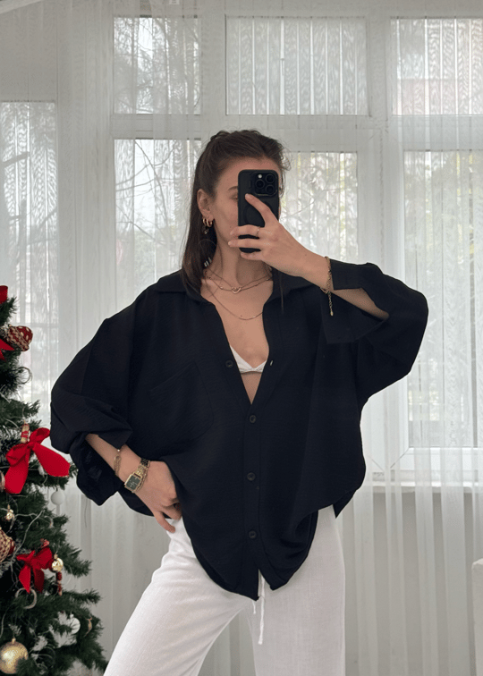 Siyah İthal Ayrobin Tek Cepli Oversize Gömlek 