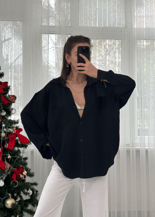 Siyah İthal Ayrobin Tek Cepli Oversize Gömlek 