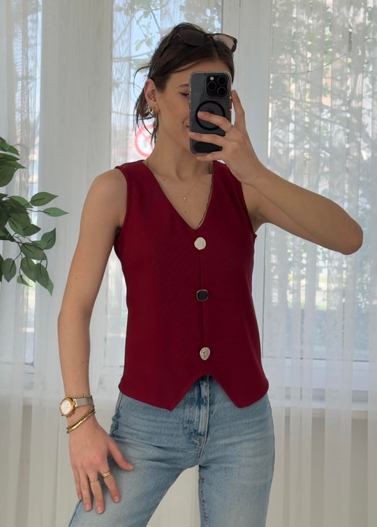 Square Bordo Ottoman  Yelek Görünümlü Bluz