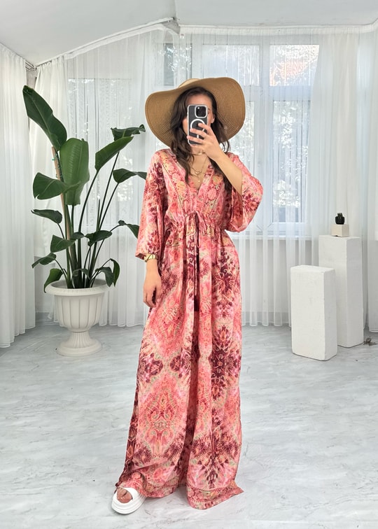 Tera Pembe Etnik Desen İpek Elbise