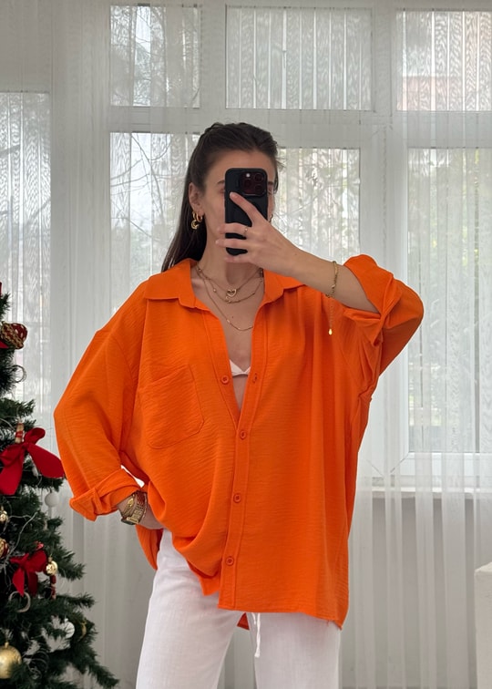 Turuncu İthal Ayrobin Tek Cepli Oversize Gömlek 