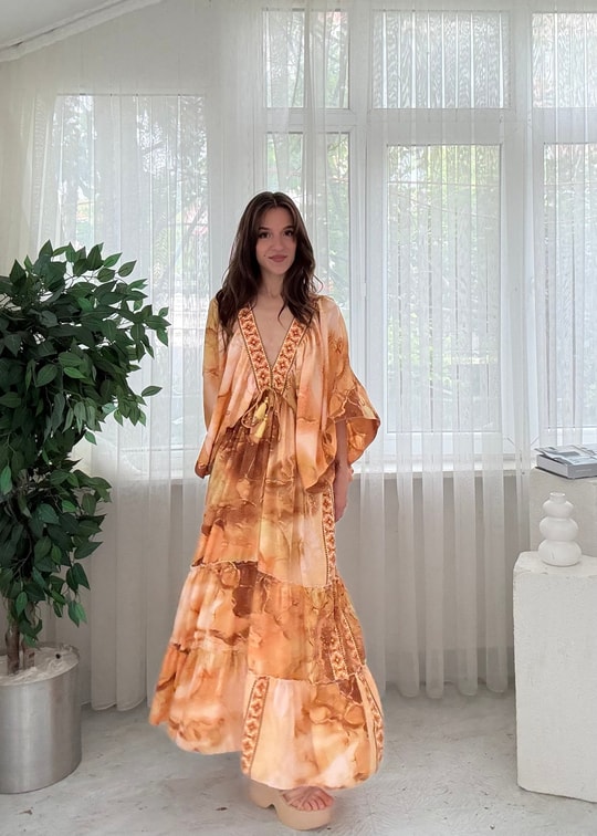 Vanessa Etnik Desen Yarım Kol İpek Elbise 