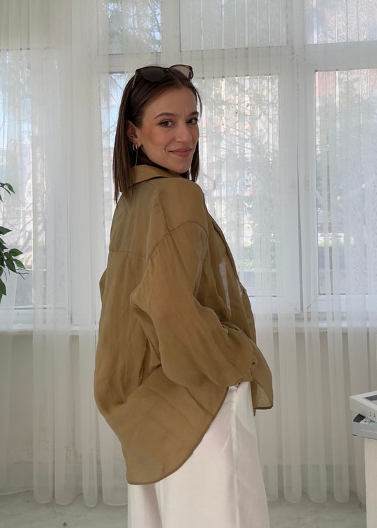 Voly Haki İpeksi Oversize Gömlek 