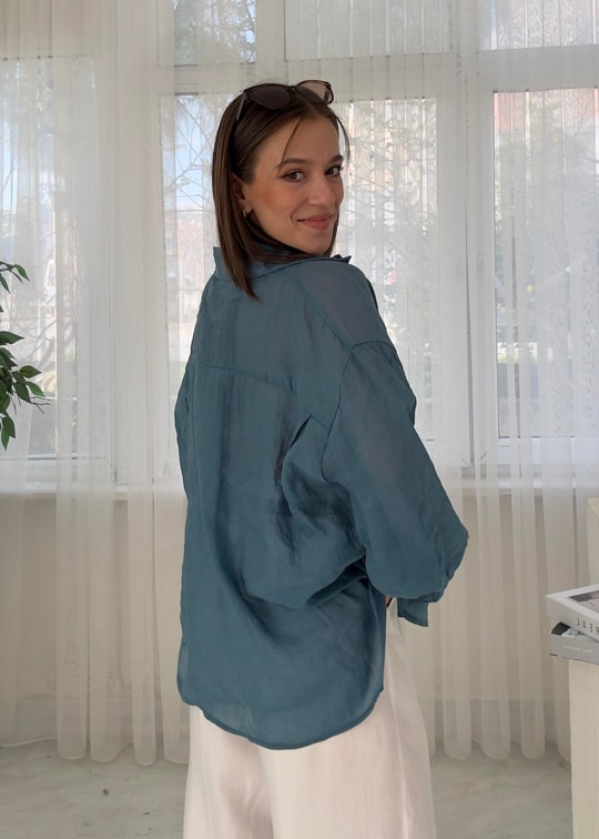 Voly Petrol Mavisi İpeksi Oversize Gömlek 