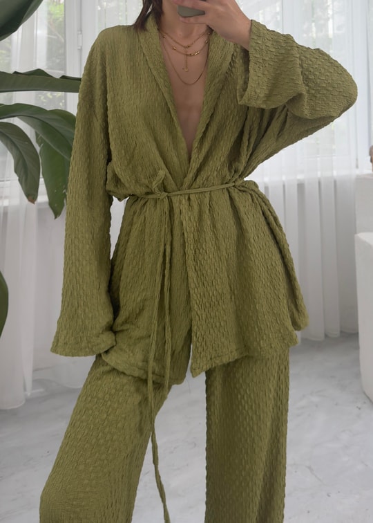 Yumi Yağa Yeşili Örme Kimono Takım