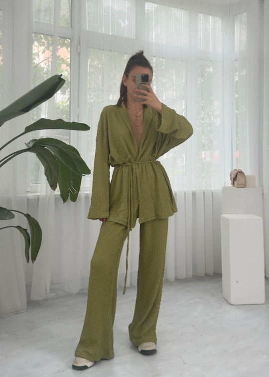 Yumi Yağa Yeşili Örme Kimono Takım