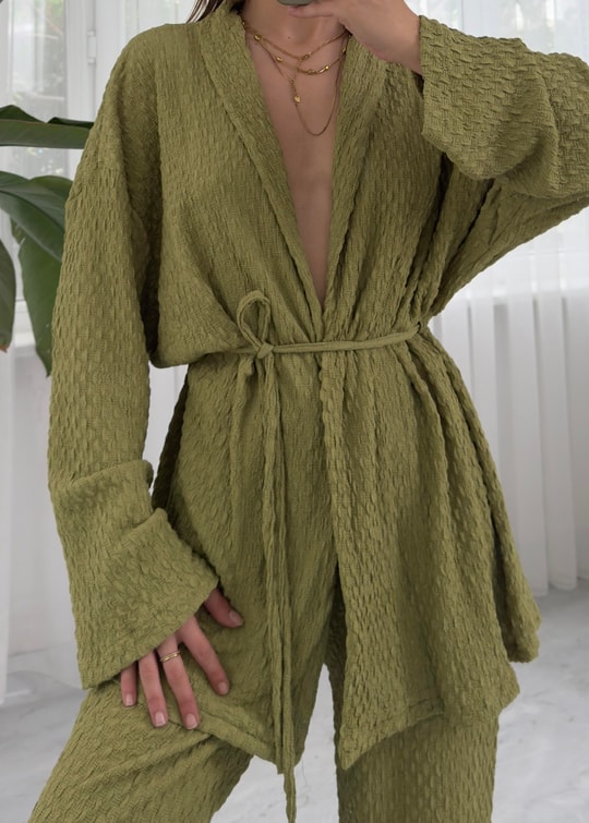 Yumi Yağa Yeşili Örme Kimono Takım